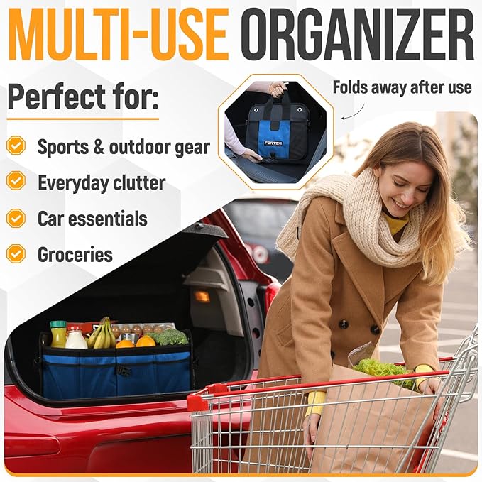 FORTEM Trunk Organizer For SUV Car Organizer and Storage, Collapsible Multi-Compartment Storage Bag Car Accessories for Women Men, 1680D Oxford, Non Slip Bottom, Adjustable Straps, Soft Cover (65L)