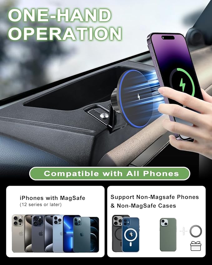 Magnetic Jeep Phone Mount for 2011-2017 Wrangler JK JKU with 15W Wireless Charging - Dashboard Phone Holder with Magnet for Jeep Wrangler Accessories