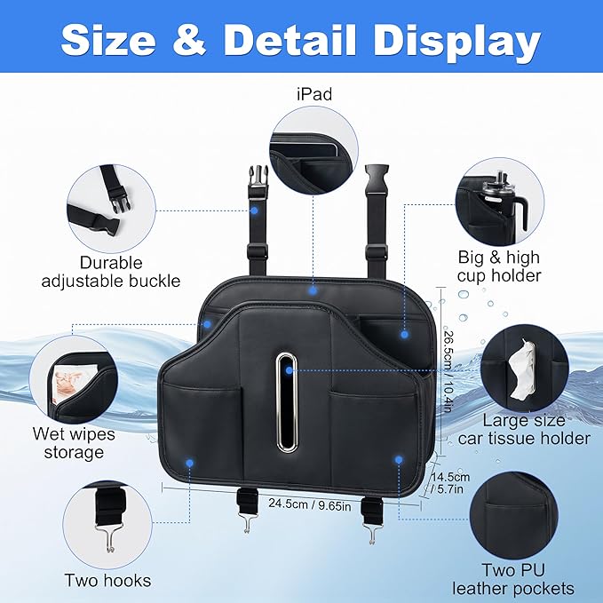 Upgraded Car Tissue Holder,Car Seat Back Organizer With Cup Holder,Premium PU Leather Headrest Seat Back Storage Fits For Kleenex Tissue Box (50-230ct)