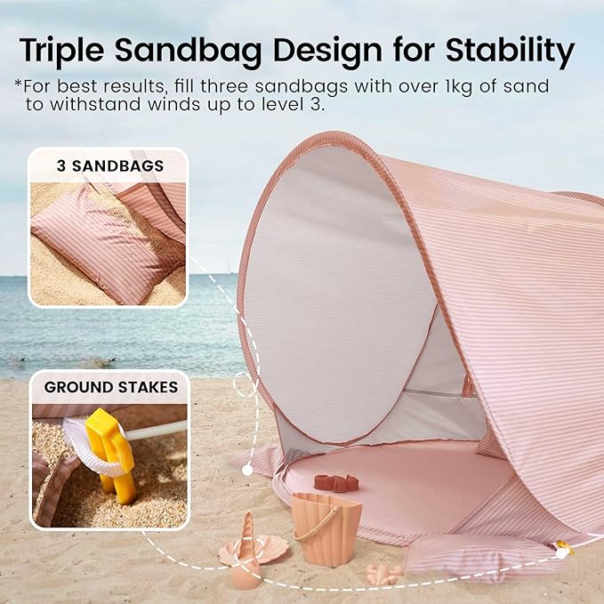 Tiny Land Baby Beach Tent – Pop Up Baby Tent with UV Protection, Portable Baby Beach Essentials, 35"x28"x32" Sun Shelter for Infants, Baby Outdoor Use (Pink)