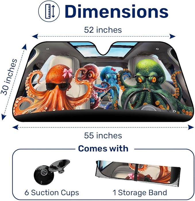 GENANY Octopus Windshield Sun Shade for Car SUV Truck (55x30 Inches),Sun Shade Windshield, Shades for Front Windows, Protector Blocks UV, Xmas Auto Gift, Spring Car Decor