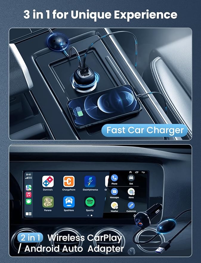 All-in-One Wireless Carplay & Android Auto Adapter with Fast Car Charger - 3 in 1 Cable for Stable Voltage, Enhanced Carplay/Android Auto Data. 48W, Dual USB C & A Ports