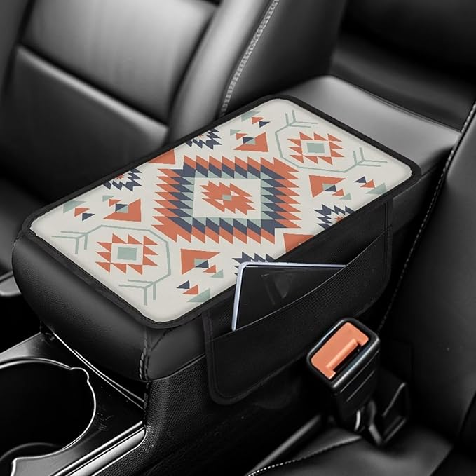 Navajo Aztec Geometric Pattern Car Armrest Cover Anti-Slip Middle Console Cover Breathable Auto Center Console Pad Car Interior Decoration Accessories Protector