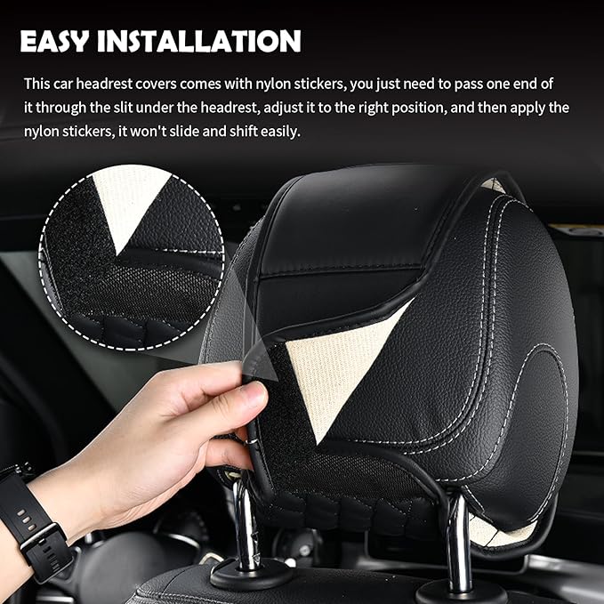 2PCS Leather Headrest Covers for Cars,Multi-Purpose Car Headrest Cover with Storage Bag,Stylish Head Rest Cover for Car as Back Seat Organizer with Diamond Check Pattern