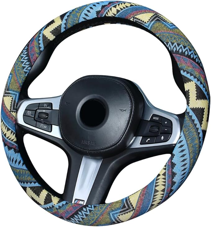 Ethnic Style Coarse Flax Cloth Automotive Steering Wheel Cover Anti Slip and Sweat Absorption Auto Car Wrap Cover (L, 14.5''-15'')
