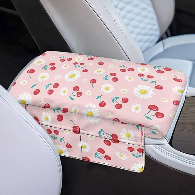 Dreaweet Car Console Covers with Pockets Pink Arm Rest Cover for Car Women Thick Car Armrest Cushion Pad Cute White Daisy Cherry Print Car Accessories for Women