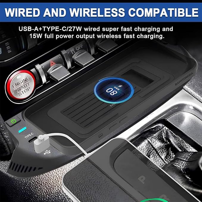 Car Wireless Charger for Ford Mustang 2015-2022, 15W Center Console Wireless Charging Tray Qi Wireless Charging Station with USB Port