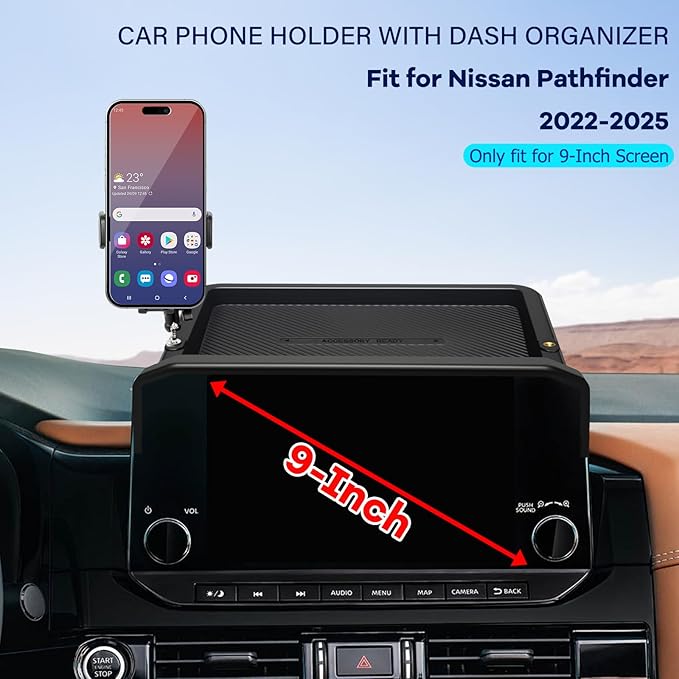 Car Phone Holder Fit for Pathfinder 2022 2023 2024 2025 w/Dash Tray Storge Box Organizer-Cell Phone Mount for Pathfinder Accessories 9 inch Touch Screen 360 Degree Rotation (Not fit 14.5 inch)