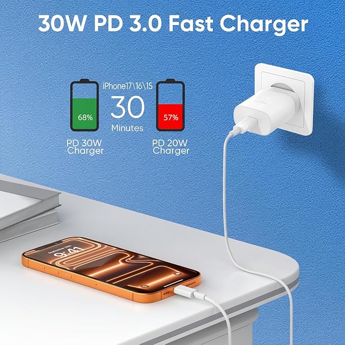 iPhone 17 16 15 Charger Fast Charging 10FT Cable, 30W USB C Charger Block for i Phone 15 16 16e 17 Air Plus Pro Max/iPad Pro/AirPods, PD USBC Power Adapter Wall Plug & Type C to C Cord, 2 Pack