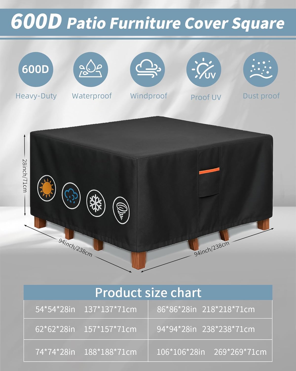 Outdoor Waterproof Furniture Cover, 94W x 94L x 28H inches Heavy Duty 600D Square Table and Chair Set Protection, Black