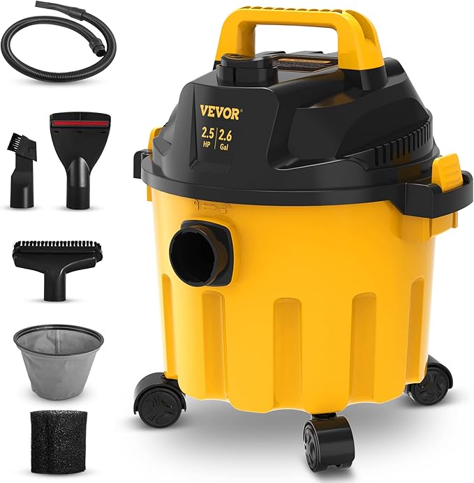 VEVOR 2.6 Gallon 2.5 Peak HP Wet and Dry Shop Vac， Portable Shop Vacuum and Blower 3-in-1 with Filter, Hose and Attachments for Home and Car Cleaning Black/Yellow