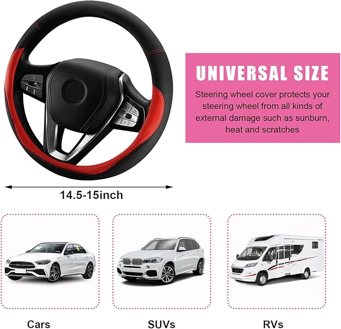 Car Steering Wheel Cover, Universal 15" Anti-Slip Auto Steering Wheel Protector for Men Women, Breathable Odor Free Leather Steering Wheel Car Accessories Fit Most Vehicles (Red)