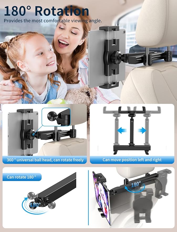 bokilino Tablet Holder for Car Headrest, [3 in 1 Adjustable Extension Arm] iPad Car Mount for Back Seat, Road Trip Essentials for Kids, for 4.7-12.9" Like iPad Pro, Air, Mini, Galaxy, Fire HD Tablet