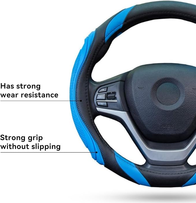 Car Steering Wheel Cover, 15 Inch Leather Breathable Anti-Slip Soft Steering Wheel Protector for Men and Women, Universal Car Accessories for SUV, Truck, RV (Blue)