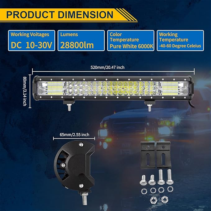 AUXTINGS 20 inch 288W LED Light Bar Triple Row Spot Flood Combo Beam Off Road Lights Waterproof Work Light with Wiring Harness for Jeep Trucks SUV ATV UTV Boat Lights, 12V 24V