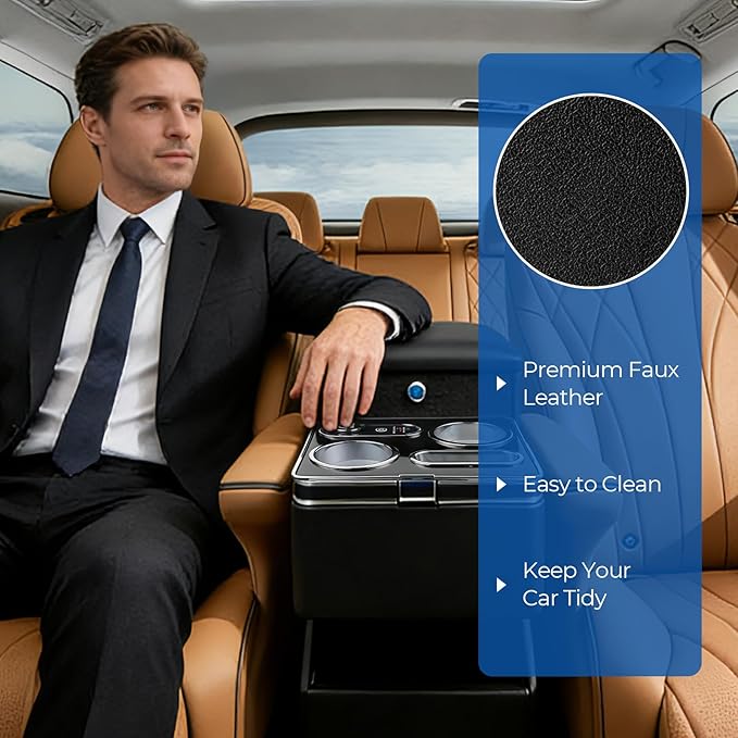 Center Console Organizer for Minivans, SUVs & Middle Van Seats - Floor-Mounted Lockable Storage Box with Dual Cup Holders & 7-Color Ambient Light, Ideal for Vehicle Interior