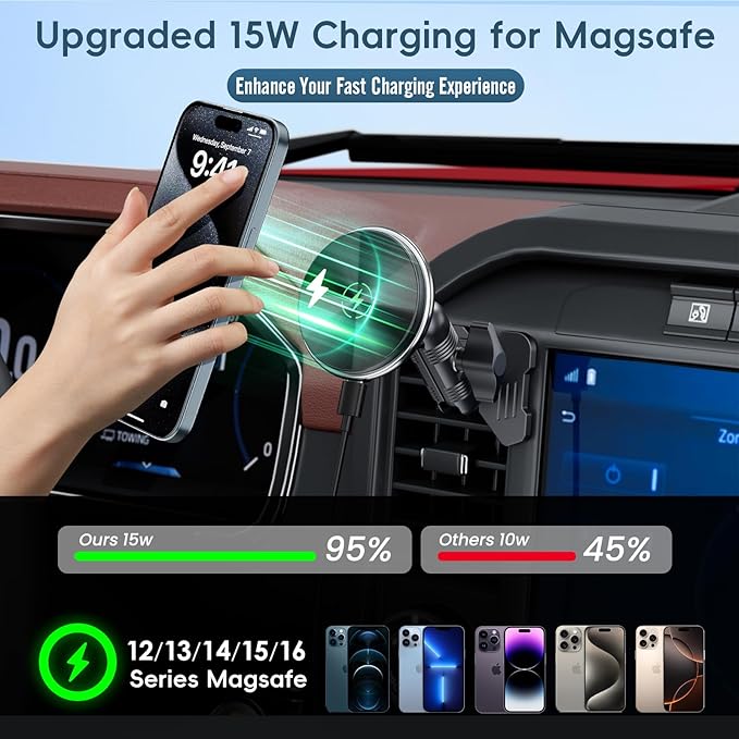 Kaishengyuan Wireless Charger Magnetic Vent Phone Mount Compatible with 2021-2026 Ford F-150, 2023-2026 Super Duty F250/F350/F450, Metal Phone Holder Cradles Bracket Stand with Arm for All Smartphone
