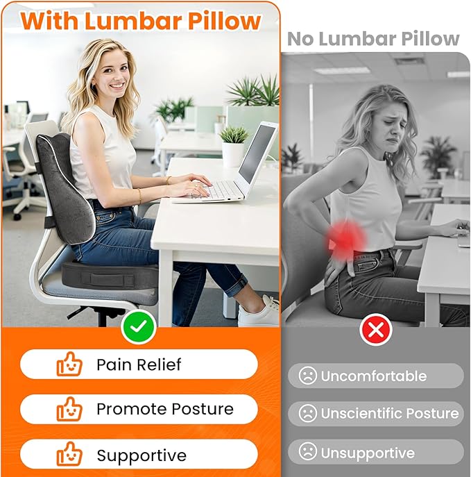 CloudBliss Ergonomic Lumbar Support Pillow Seat Cuhsion - Memory Foam for Lower Back Pain Relief, Adjustable Straps & Mesh Cover for Office, Gaming, Car Seat (Grey)