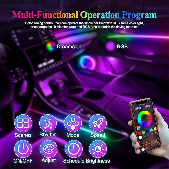 Acrylic Interior Car LED Strip Light with Wireless APP, RGB 18 in 1 with 175 inches 593 LEDs Fiber Optic Ambient Lighting Kits, 16 Million Colors Sound Active Function Car Neon Lights