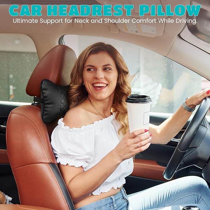 Set of 2 Quilted Faux Leather Car Headrest Pillow, Black Case/Black Threading, Ergonomic Neck Support for Comfortable Driving (Tan Base/Beige Thread)