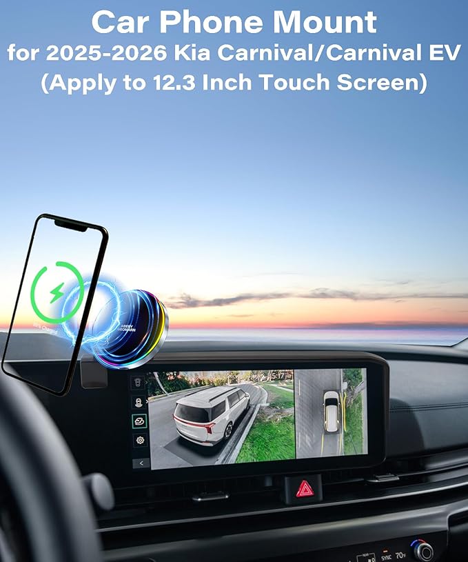 Car Phone Holder for 2025 2026 KIA Carnival/Carnival EV Accessories Apply to 12.3 Inch Touchscreen 15W Fast Wireless Charger Screen Fixed Clip HandsFree Cell Phone Mount 360° Rotation