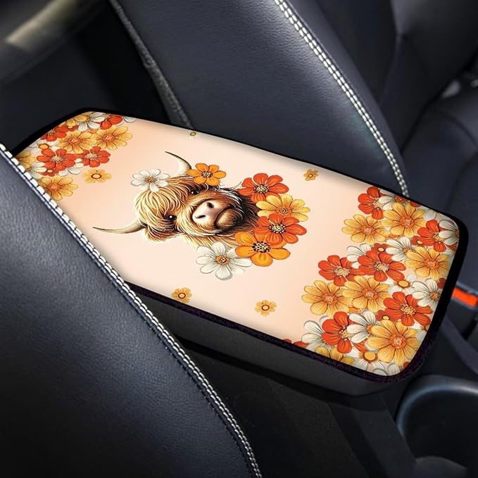 UNICEU Flowers Highland Cow Armrest Cover Pad, Universal Fit Car Center Console Cushion Pad, Anti Dirty Scratch Proof Car Seat Box Cover for Most Vehicle Truck Cars