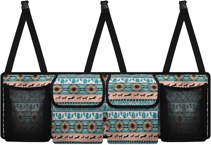 Aztec Ethnic Horse Large Capacity Car Trunk Organizer, Waterproof Oxford Backseat Hanging Storage Bag with 4 Pockets, Foldable Car Organization for Car Tools, Car Accessory for SUV Truck