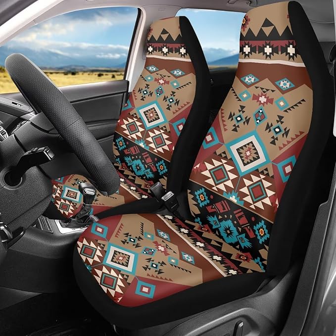 ELEQIN Car Seat Covers Two Front Only for Car, Brown Aztec Geometric Automotive Interior Covers, Quick Setup Universal Fit Seat Covers for Car, Truck, SUV