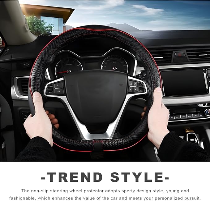 Car Steering Wheel Cover, 15 Inch Anti-Slip Breathable Leather Auto Steering Wheel Protector, Full Surround Soft Steering Wheel Cover for Men Women, Car Interior Accessories (Black & Red)