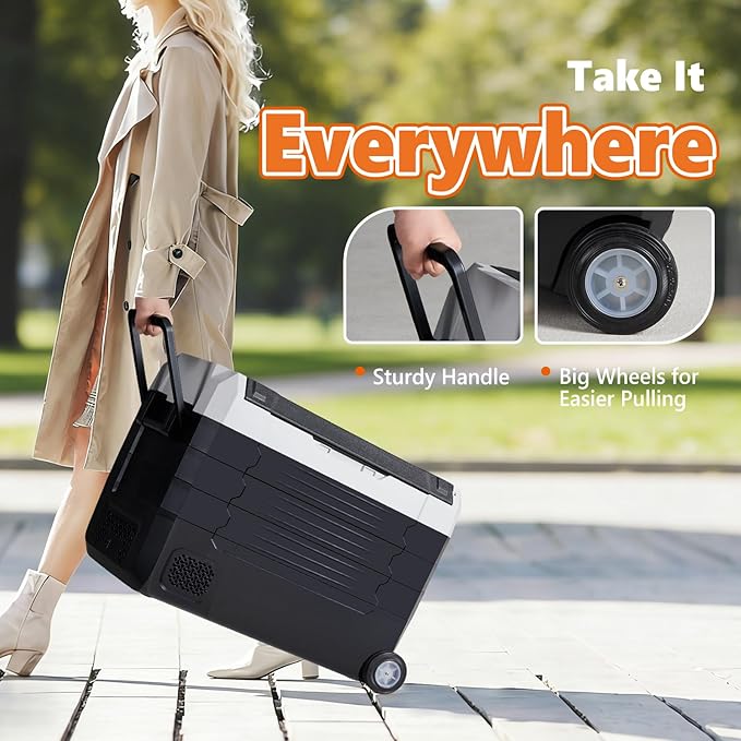 OLIXIS Portable Car Refrigerator, 53QT Dual-Zone Electric Cooler for Vehicles with Wheels & Cutting Board, -4℉-68℉ Freezer Smart Control via Bluetooth, Battery Protection, 12/24V DC & 100-240V AC