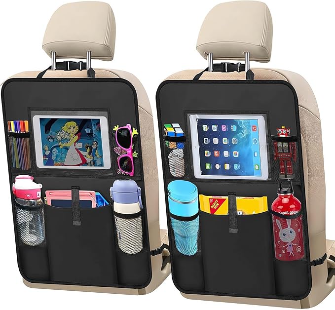 2 Pack Backseat Car Organizer, Seat Back Storage Bag with Touch Screen Tablet Holder Waterproof Seat Back Protectors Kick Mats for Kids Toddlers.