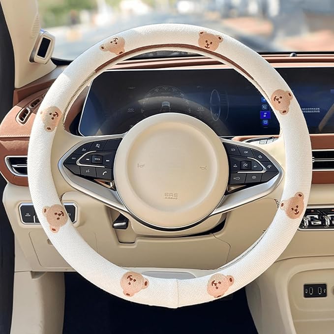 Wheel Cover Flax Microfiber Steering Wheel Covers for Women Fit 15 inch Car Cute Bow Tie Anti-Slip Breathable Absorbing Sweat Cover (Type-O-Bear)
