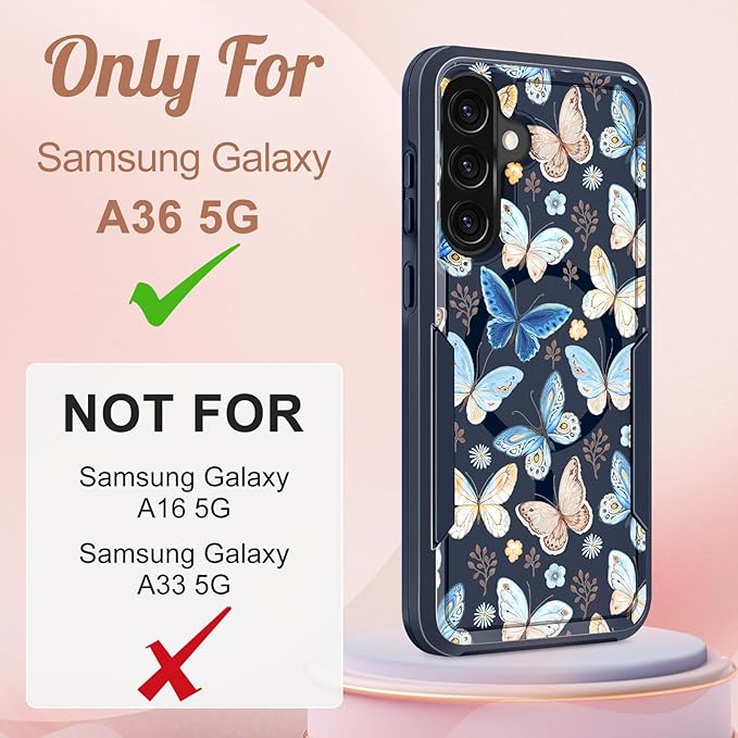 for Samsung Galaxy A36 5G Phone Case - Compatible with MagSafe Women Girls Cute Magnetic Protective Cover Girly Blue Butterfly Heavy Duty Shockproof Design for Samsung A36 5G Cases 6.7"