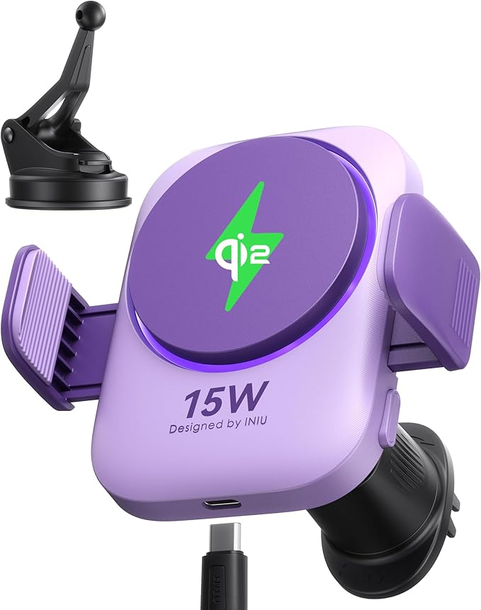 INIU Qi2 Certified 15W Car Phone Holder Wireless Charger, Ultra-Stable 22N for MagSafe Car Mount Charger with Cooling Fins & RGB Lighting Only for iPhone 16/15/14/13/12 Series, Purple