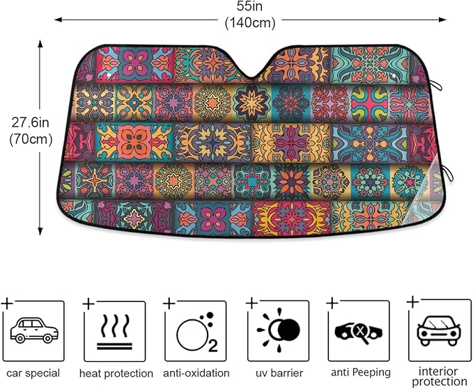 Boho Ethnic Car Windshield Sun Shade Bohemian Stripes Colorful Mandala Flower Foldable UV Ray Sun Visor Protector Sunshade to Keep Your Vehicle Cool (55" x 27.6")