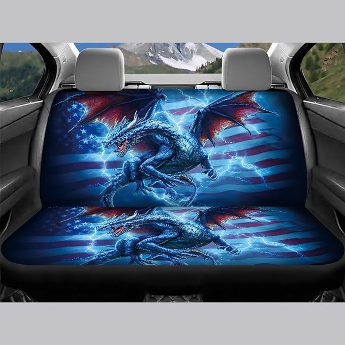 KEIAHUAN 4pcs Car Seat Covers Full Set Blue Dragon American Flag Auto Seat Cover Universal Front and Rear Seat Covers Light Breathable Automotive Interior Accessories for SUV,Sedan,Truck