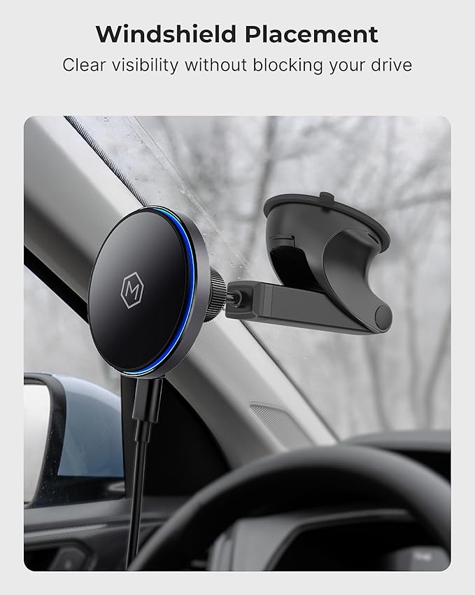 Mag Switch Qi2 Mag Safe Wireless Telescopic Suction Cup Mount, 15W Fast Charger with a Built in on/Off Switch for Smarter Charging, Strong N52 Magnets, Compatible with iPhone 12-17