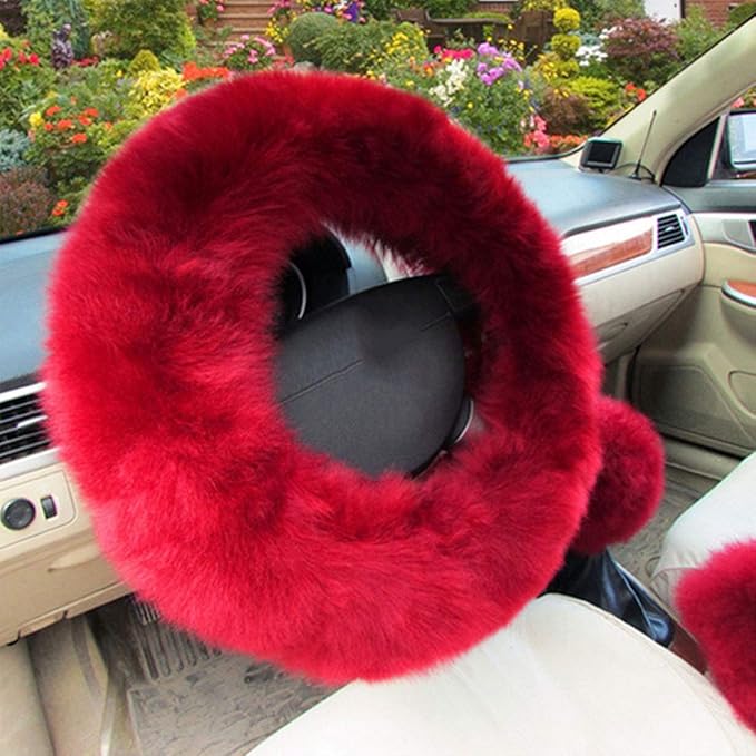 1 Set 3 Pcs Car Steering Wheel Cover & Handbrake Cover & Gear Shift Cover Set Faux Wool Warm Winter (Wine Red-3pcs)