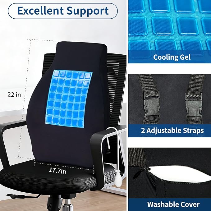 Adjustable Airbag Lumbar Support Pillow with Cooling Gel - Customizable Support for Upper Lower Back Pain Relief, Improves Posture, Memory Foam Back Cushion for Office Chair, Car/Truck Seat, Couch