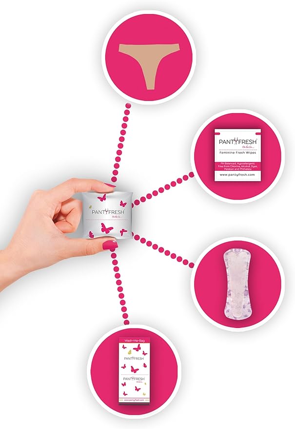 to-Go Panty Kit Includes 4 Items Seamless Thong Underwear Fresh Wipe Pantyliner & Washbag Travel First Period Kit Feminine Hygiene Incontenance Emergency