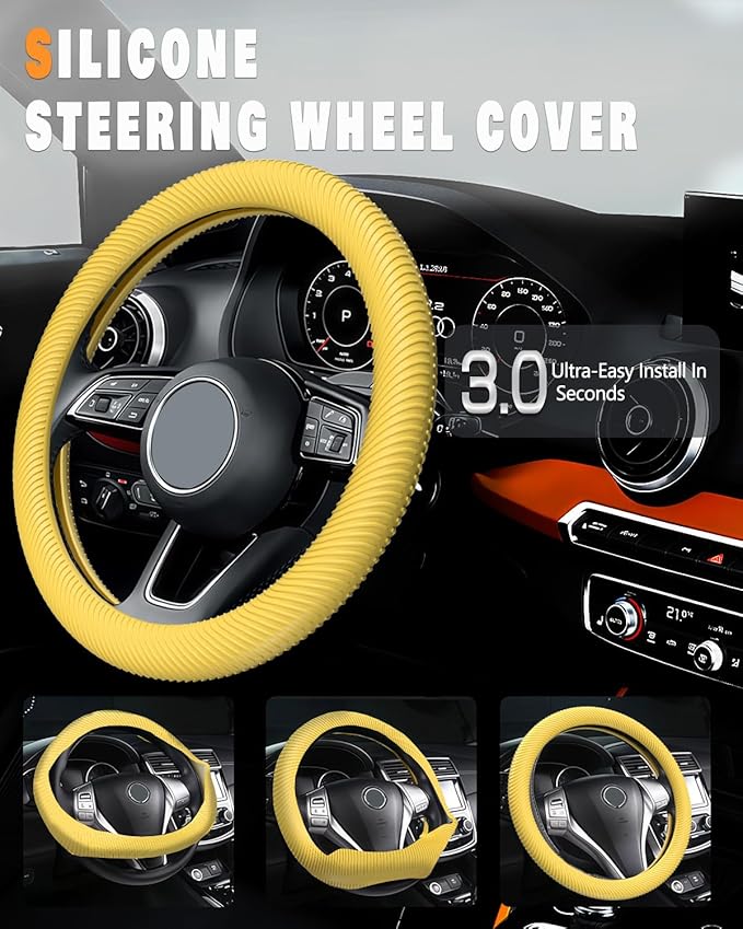 WOCOCN Car Steering Wheel Cover, Thin Anti-Skid Silicone Steering Wheel Cover for Men & Women, Universal Automotive Interior Accessories for Most Cars (Bright Yellow)