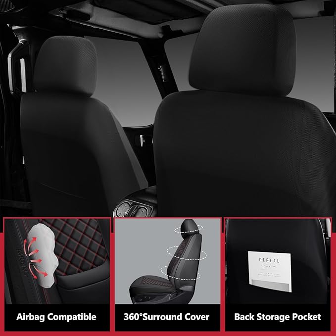 Wrangler Seat Covers 2007-2026 Full Set, Waterproof Leather Interior Sets with Lumbar Support Custom Fit for Jeep Wrangler JK JL 4 Door Unlimited Sahara/Sport/Rubicon X 392 Willys, Black Red