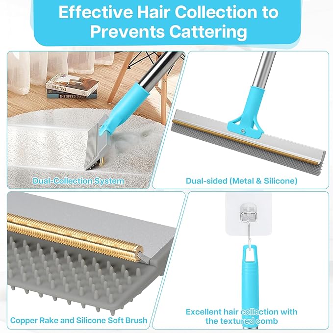 3 PCS Carpet Rake for Pet Hair Removal, Reusable Pet Hair Carpet Rake with 54” Adjustable Long Handle, Pet Hair Remover Scraper Rake Carpet,Dog Hair Broom for Rugs,Mats,Couch and Furniture.