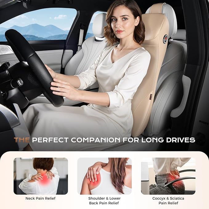 Coverado Upgraded Lumbar Support Headrest Pillow One Piece, Ergonomic Memory Foam Car Neck Pillow & Back Support with Adjustable Straps, Soft Leather Cushion for Back Neck Sciatica Pain Relief, Beige