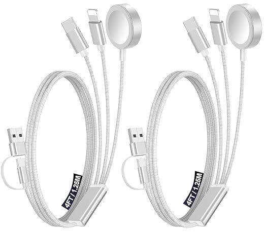 2 Pack Multi Charging Cable Cord for Travel Essentials,Apple Watch Charger,iPhone Charger,[3-in-2] Type C/L Cable Portable Designed for iWatch,iPhone 17-8,Galaxy S25-21,AirPods,iPad-4FT White