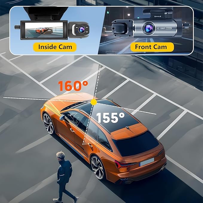 Dashcam Front and Inside,Car Camera Dash Cam for Cars,Driving Recorder with IR Night Vision,Loop Recording,Wide Angle Lens,3.16 Inch IPS Screen,Parking Mode (Silver)