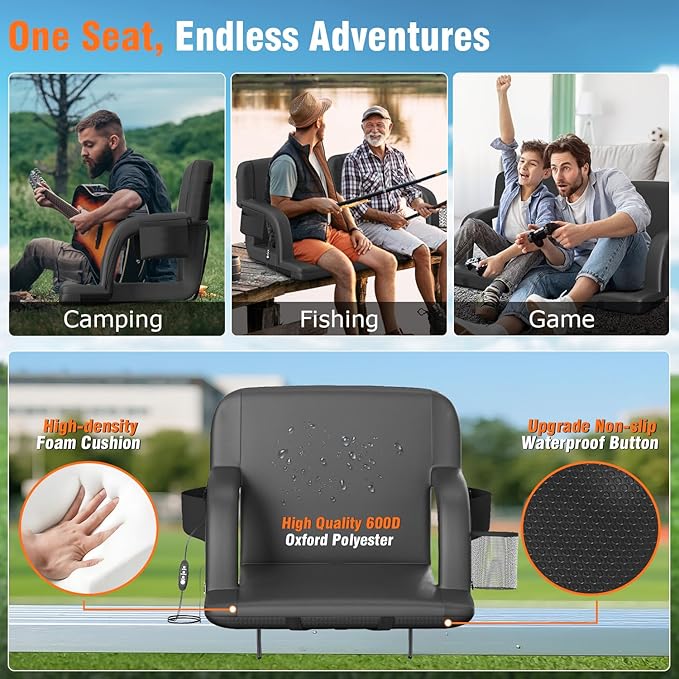 Suteck Dual-Side Heated Stadium Seats with Back Support, Wide Portable Stadium Chair, Foldable Bleacher Chair W/USB 3-Level Heating, 5 Storage Pockets for Outdoor Bleachers Camping Games