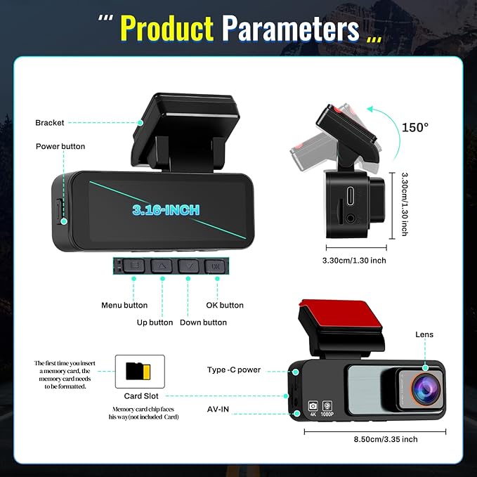 4K Dash Cam Front and Rear, NHOPEEW 3.16" Screen Dual Dash Camera for Cars with WiFi & GPS, Night Vision, 170°Wide Angle Car Dashboard Cam, G-Sensor, Loop Recording, 64GB Card Included