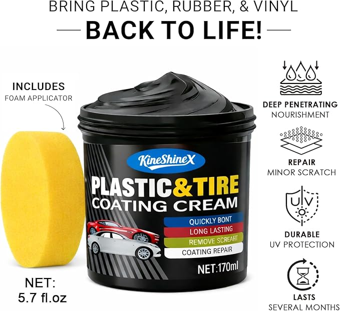 Black Trim Restorer, Plastic Restorer for Cars - Restore Faded Bumpers, Plastic, Trim, Vinyl & Rubber - Car Detailing Kit Tire Shine Applicator Shiny Stuff for Jeep, Truck Car Accessories - 6oz