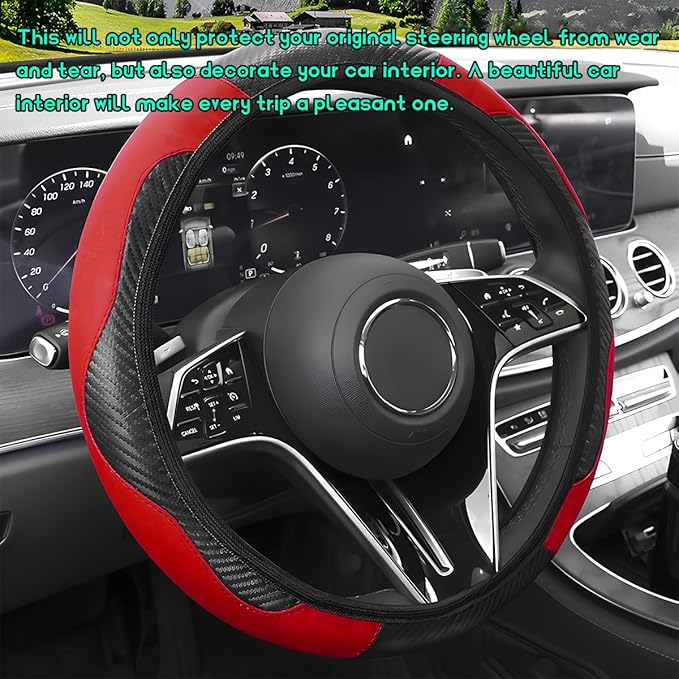 Car Steering Wheel Cover, 15 inch Carbon Fiber Microfiber Leather Elastic Steering Wheel Protector, Breathable Anti-Slip Comfortable Steering Wheel Covers for Most Cars (Black&Red)
